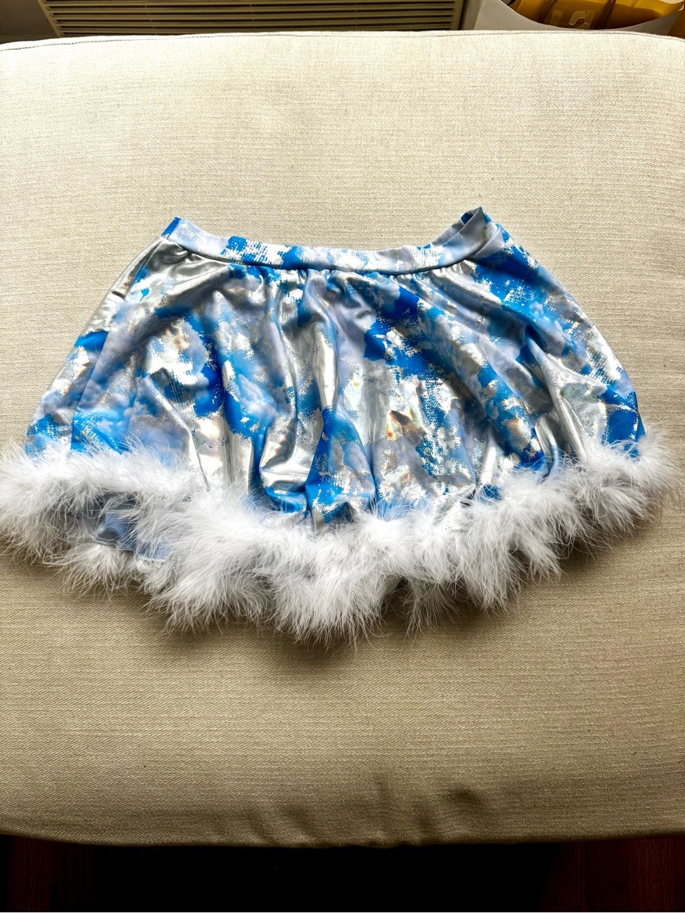 Light Blue Skirt with White Feather Trim